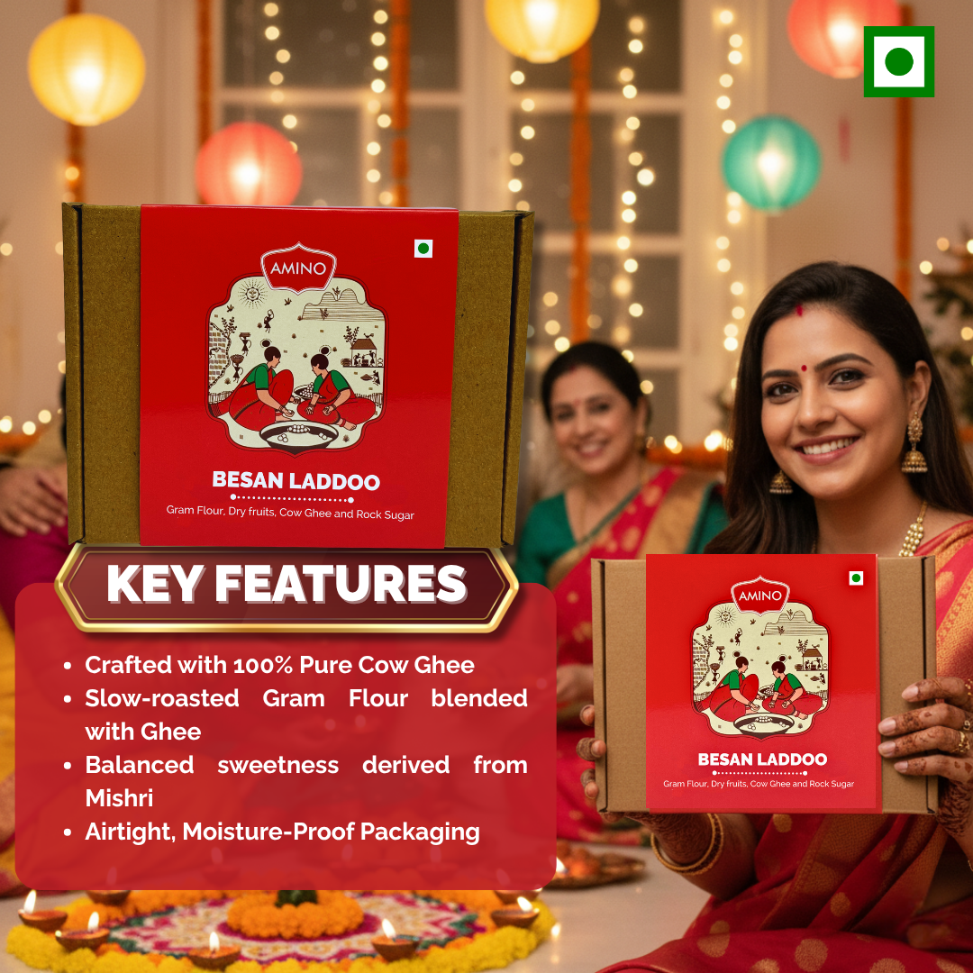 Besan Laddoo -Traditionally Made with Gram Flour, Dry fruits, Cow Ghee and Rock Sugar