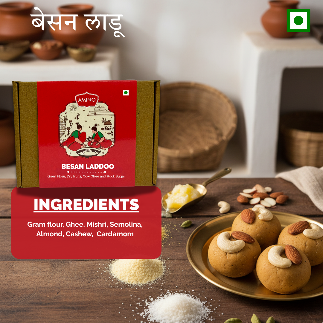 Besan Laddoo -Traditionally Made with Gram Flour, Dry fruits, Cow Ghee and Rock Sugar
